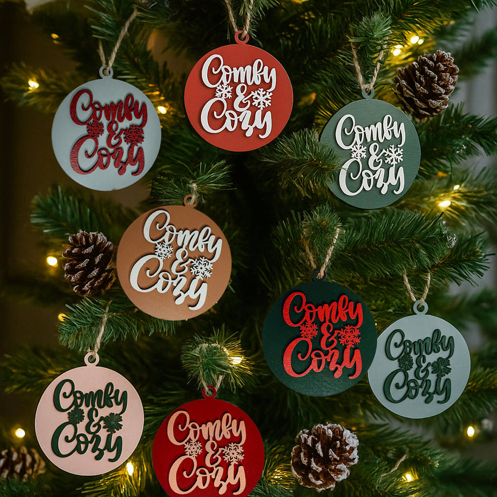 Wooden "Comfy & Cozy" Christmas Ornament — Select Your Color