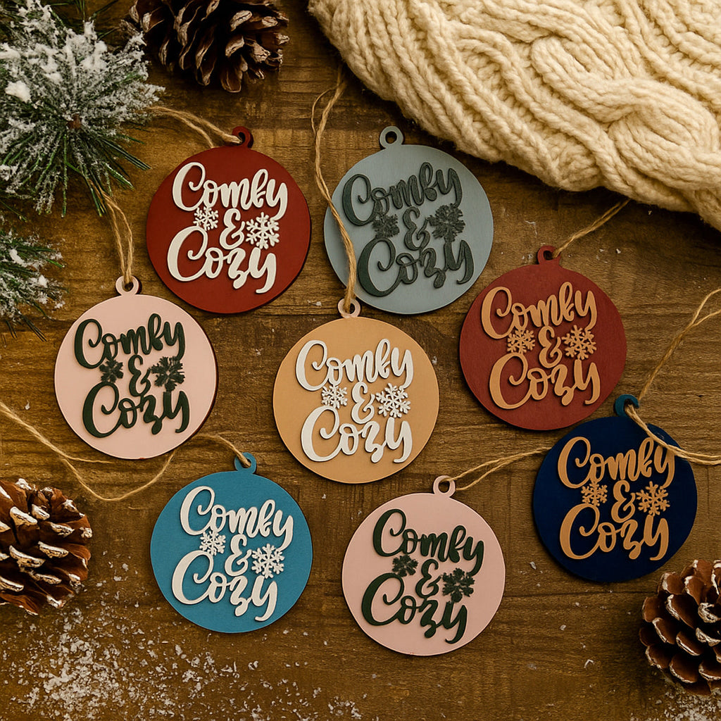 Wooden "Comfy & Cozy" Christmas Ornament — Select Your Color