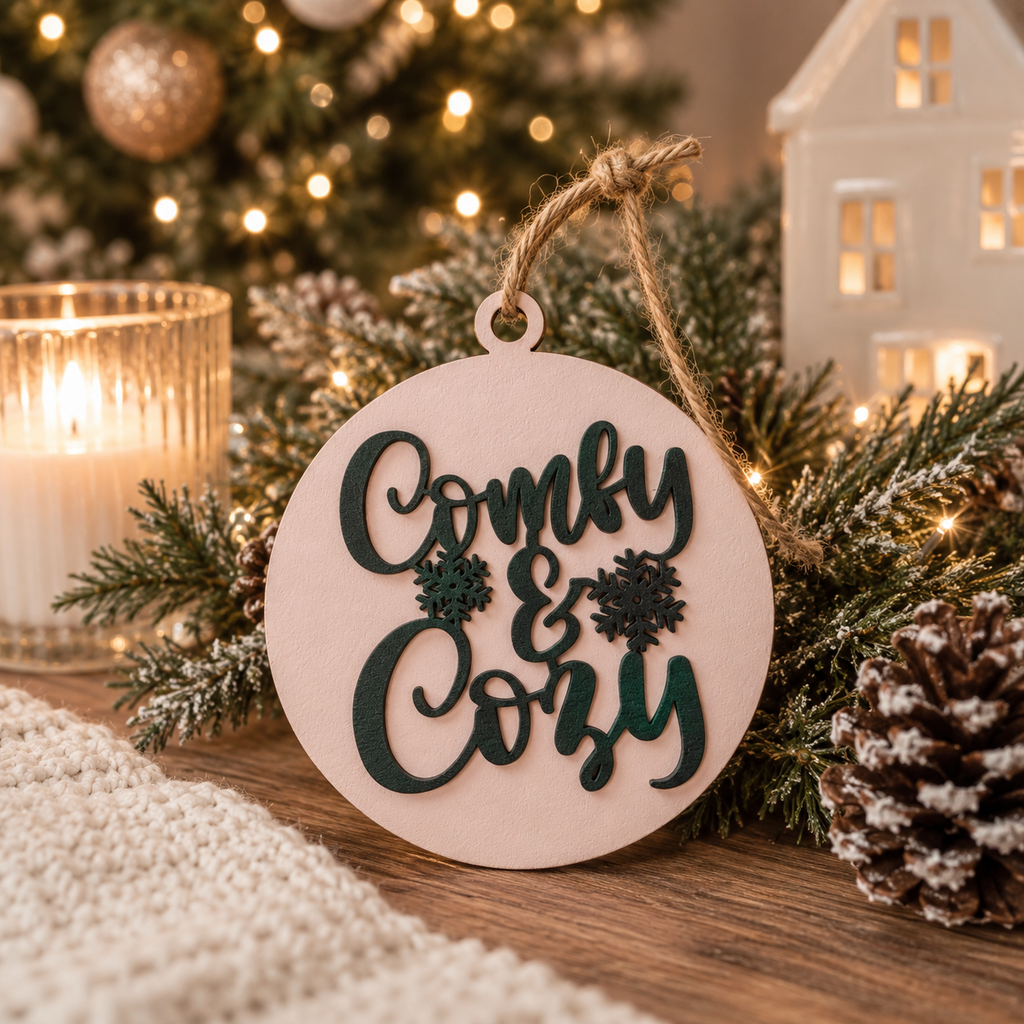 Wooden "Comfy & Cozy" Christmas Ornament — Select Your Color