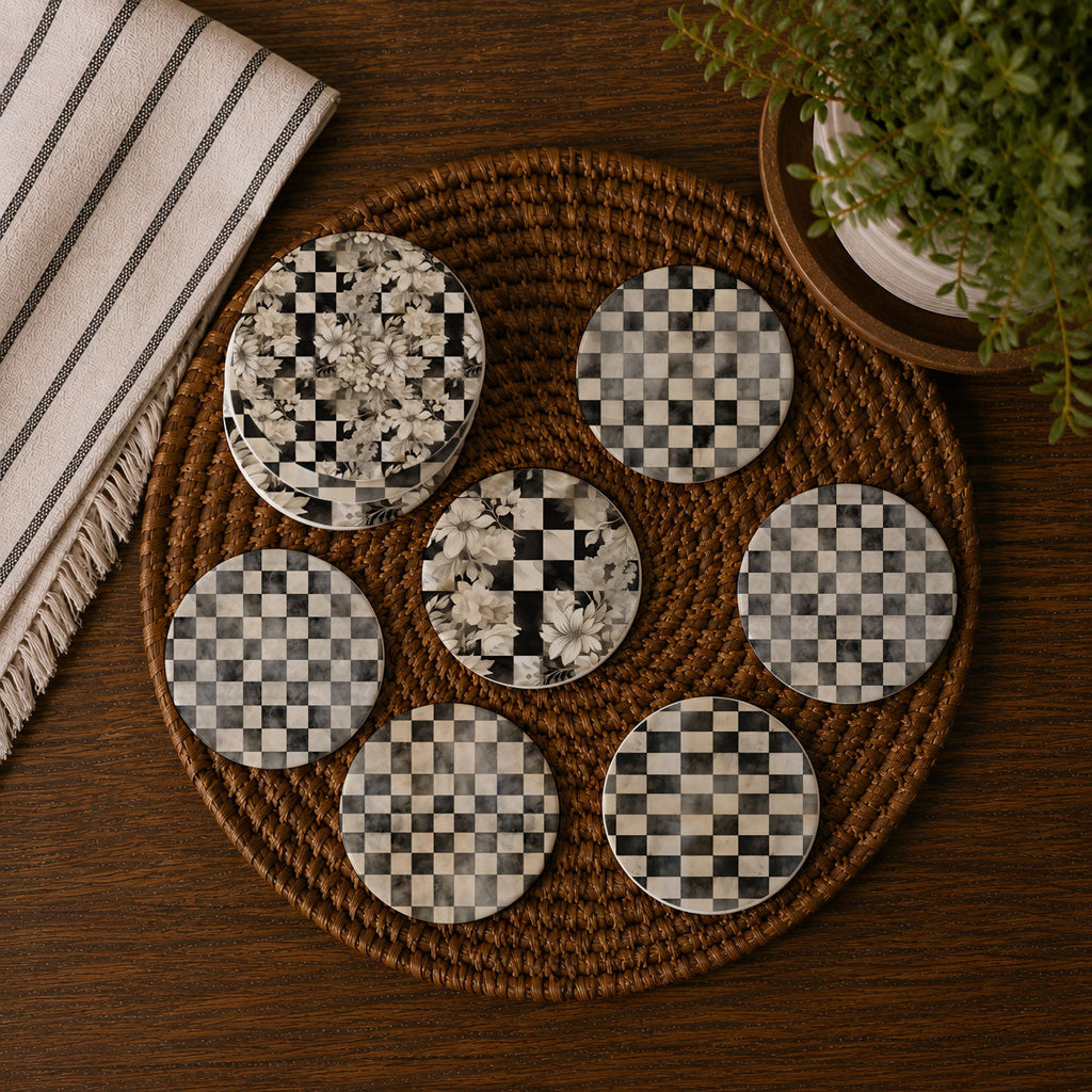 Courtly Check Ceramic Coasters — Select Your Pack & Style