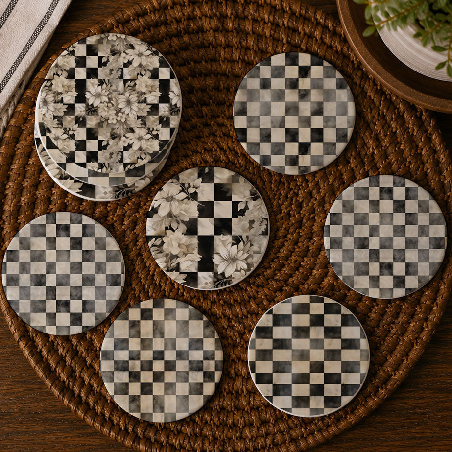 Courtly Check Ceramic Coasters — Select Your Pack & Style