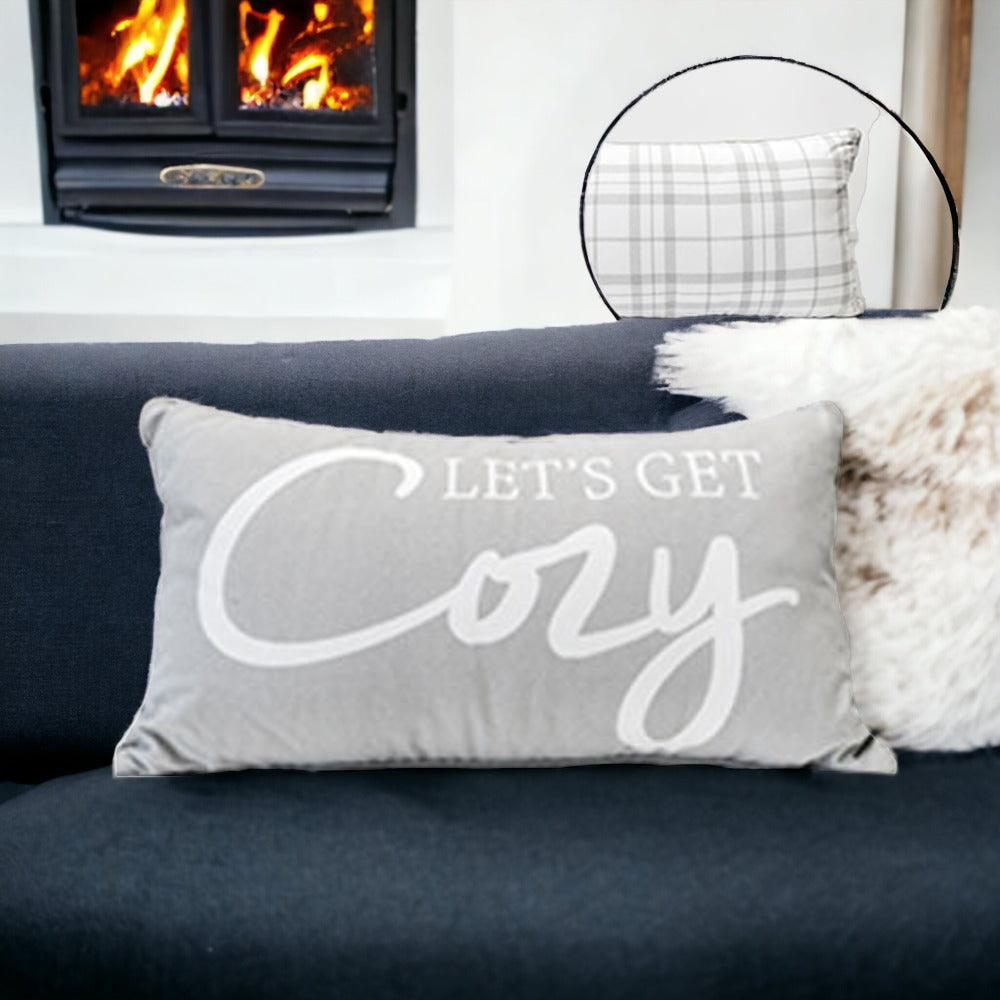 Large "Lets Get Cozy" Reversible Throw Pillow