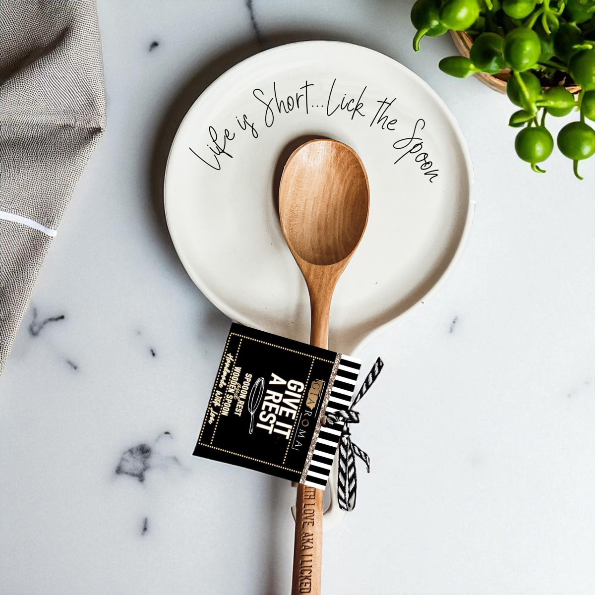 Cursive "Life is Short...Lick the Spoon" Spoon Rest & Wooden Spoon — Select Your Color & Spoon
