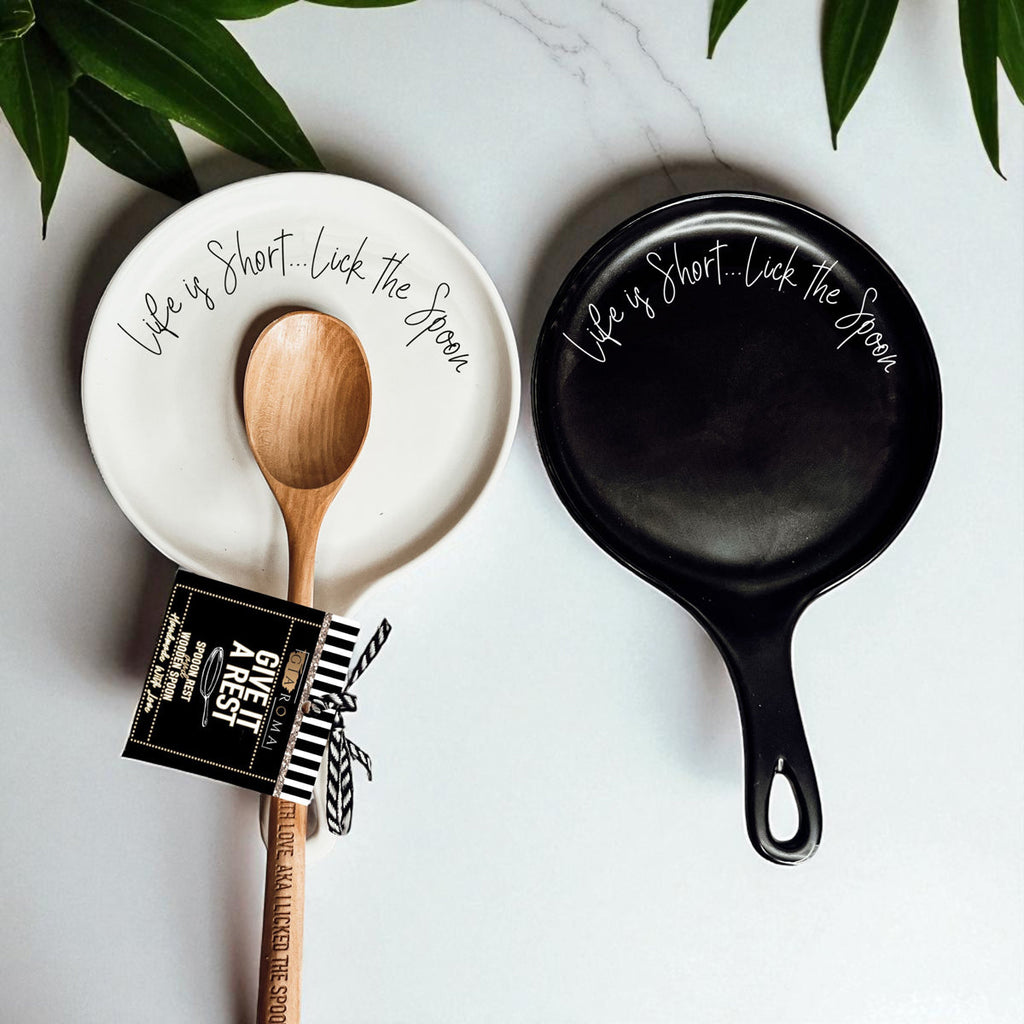 Cursive "Life is Short...Lick the Spoon" Spoon Rest & Wooden Spoon — Select Your Color & Spoon