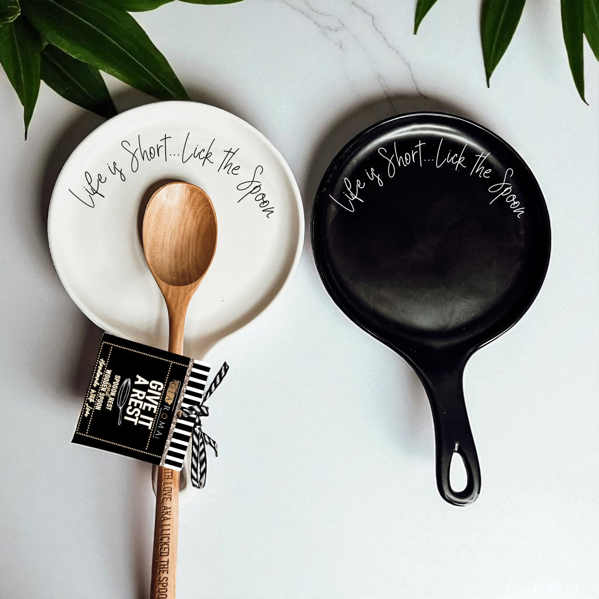 Cursive "Life is Short...Lick the Spoon" Spoon Rest & Wooden Spoon — Select Your Color & Spoon