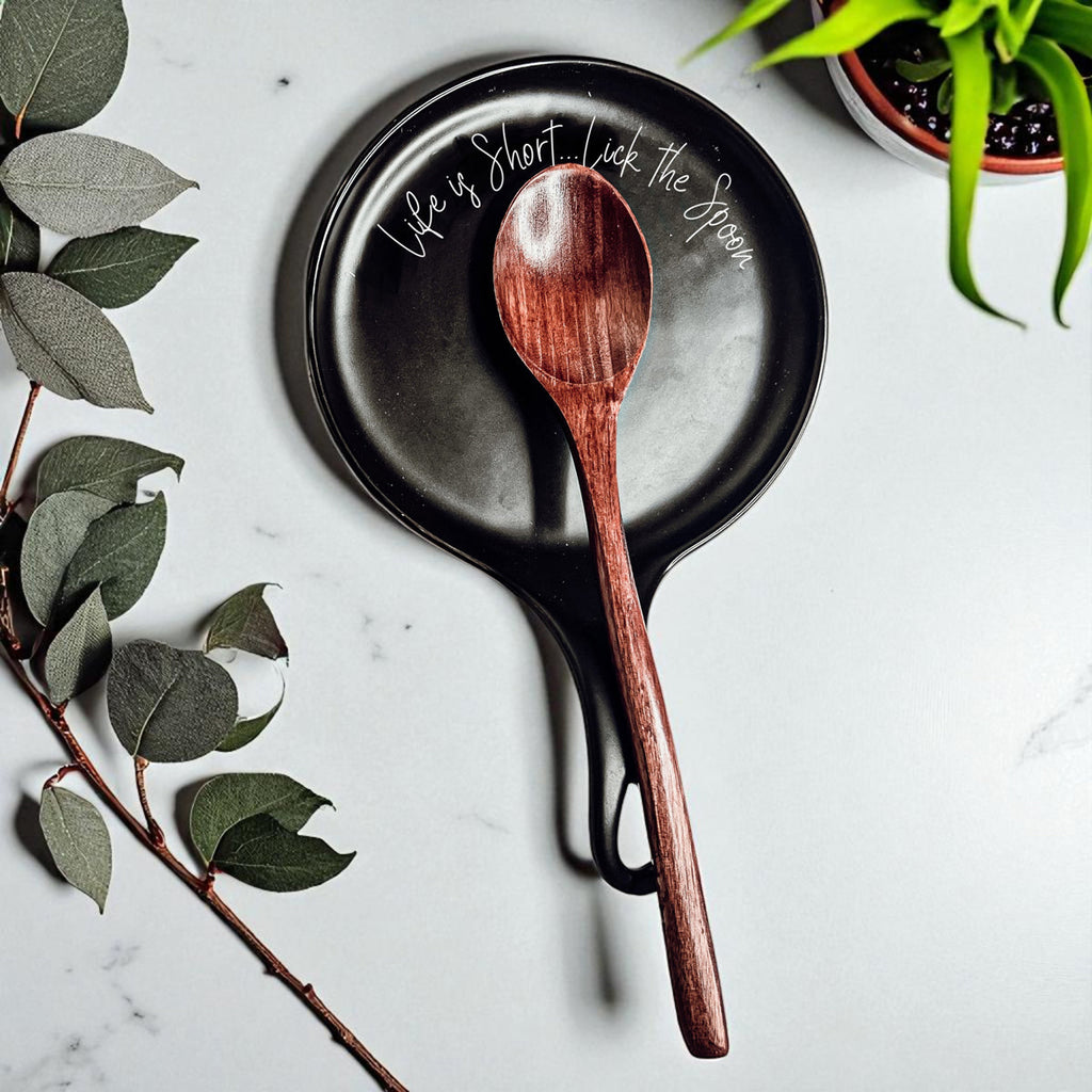 Cursive "Life is Short...Lick the Spoon" Spoon Rest & Wooden Spoon — Select Your Color & Spoon