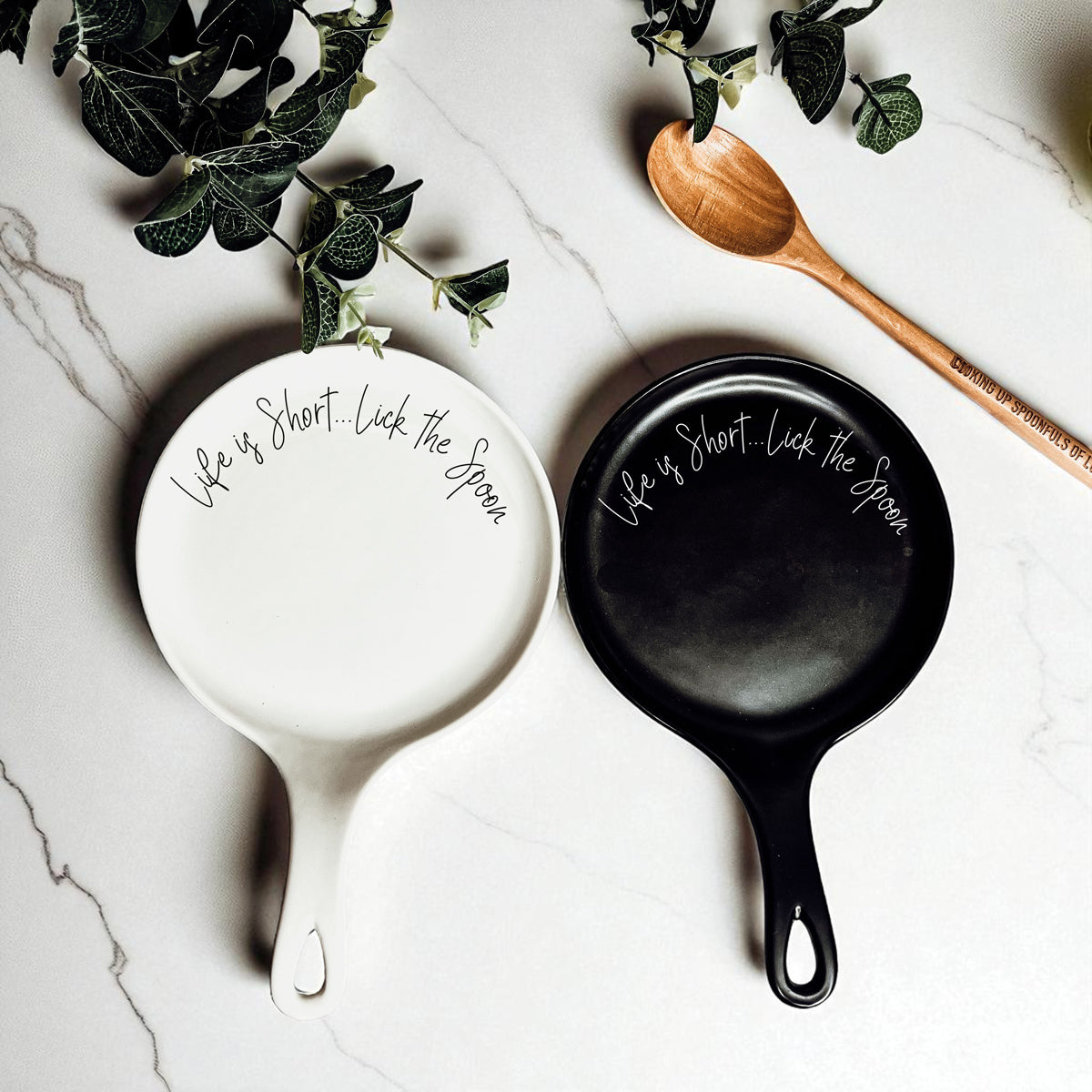 Cursive "Life is Short...Lick the Spoon" Spoon Rest & Wooden Spoon — Select Your Color & Spoon