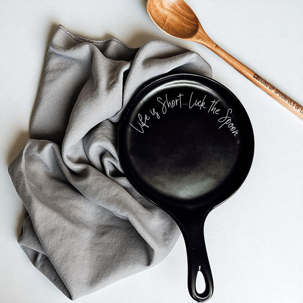 Cursive "Life is Short...Lick the Spoon" Spoon Rest & Wooden Spoon — Select Your Color & Spoon