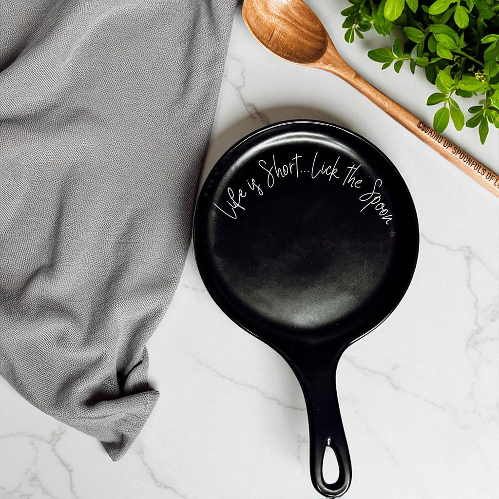 Cursive "Life is Short...Lick the Spoon" Spoon Rest & Wooden Spoon — Select Your Color & Spoon