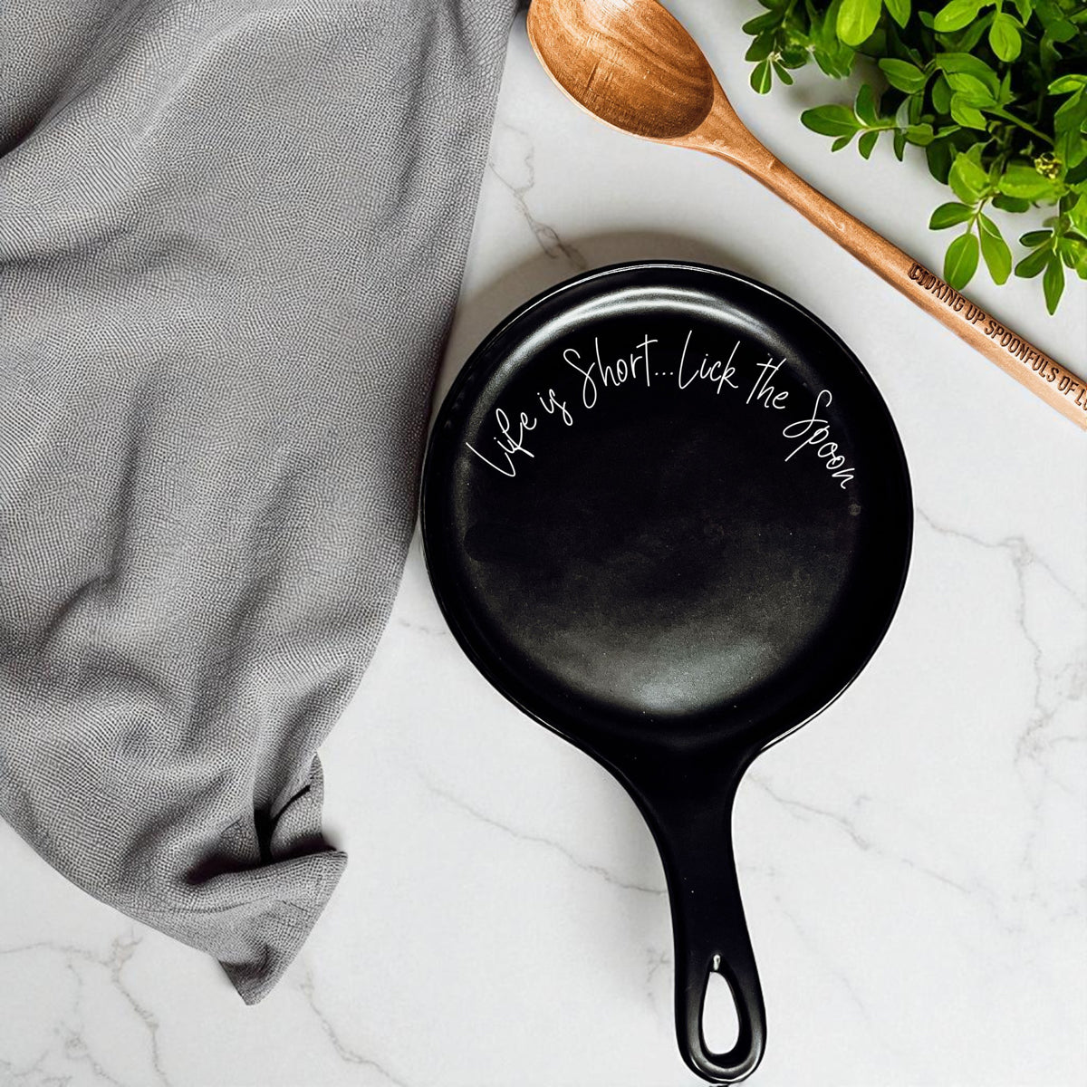 Cursive "Life is Short...Lick the Spoon" Spoon Rest & Wooden Spoon — Select Your Color & Spoon