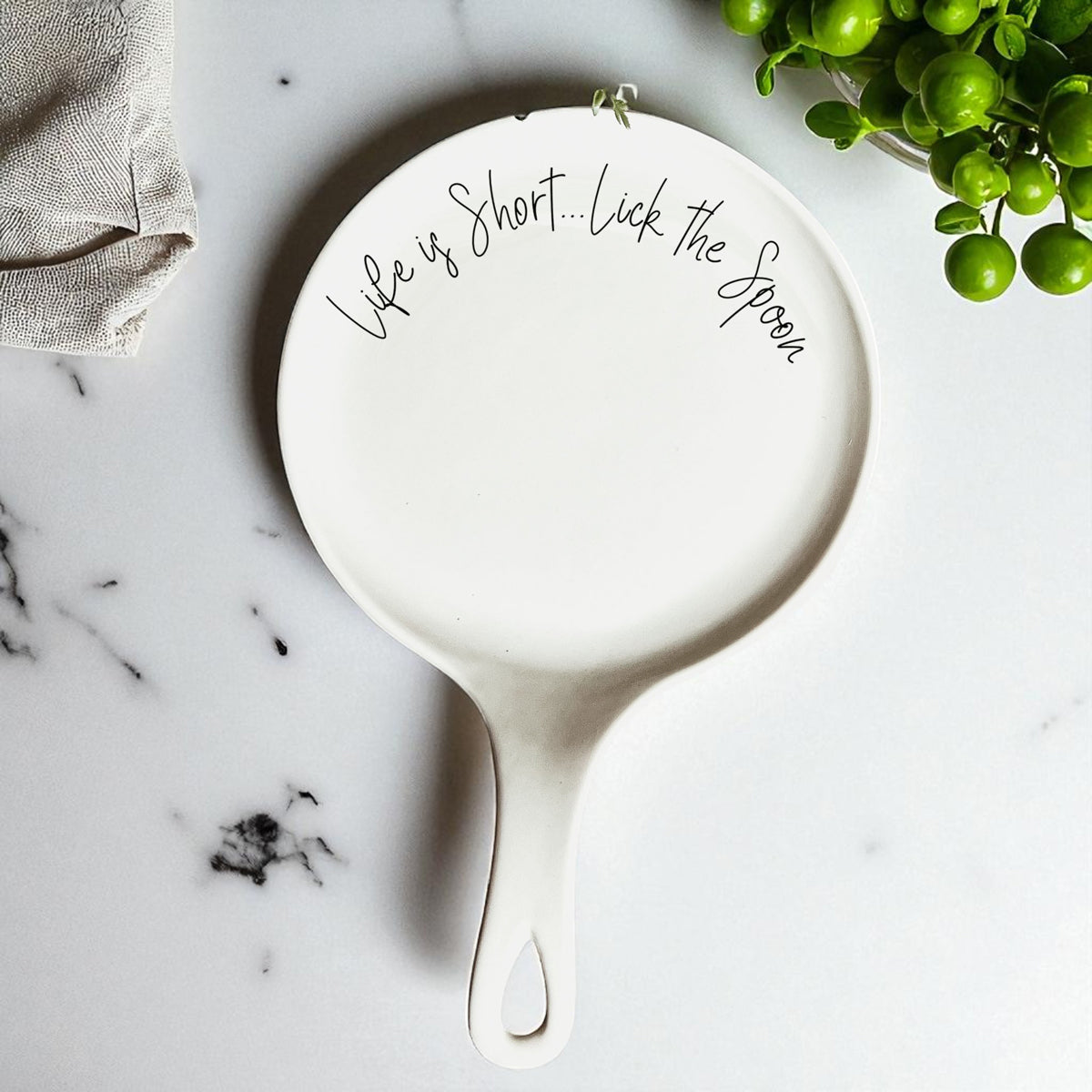 Cursive "Life is Short...Lick the Spoon" Spoon Rest & Wooden Spoon — Select Your Color & Spoon