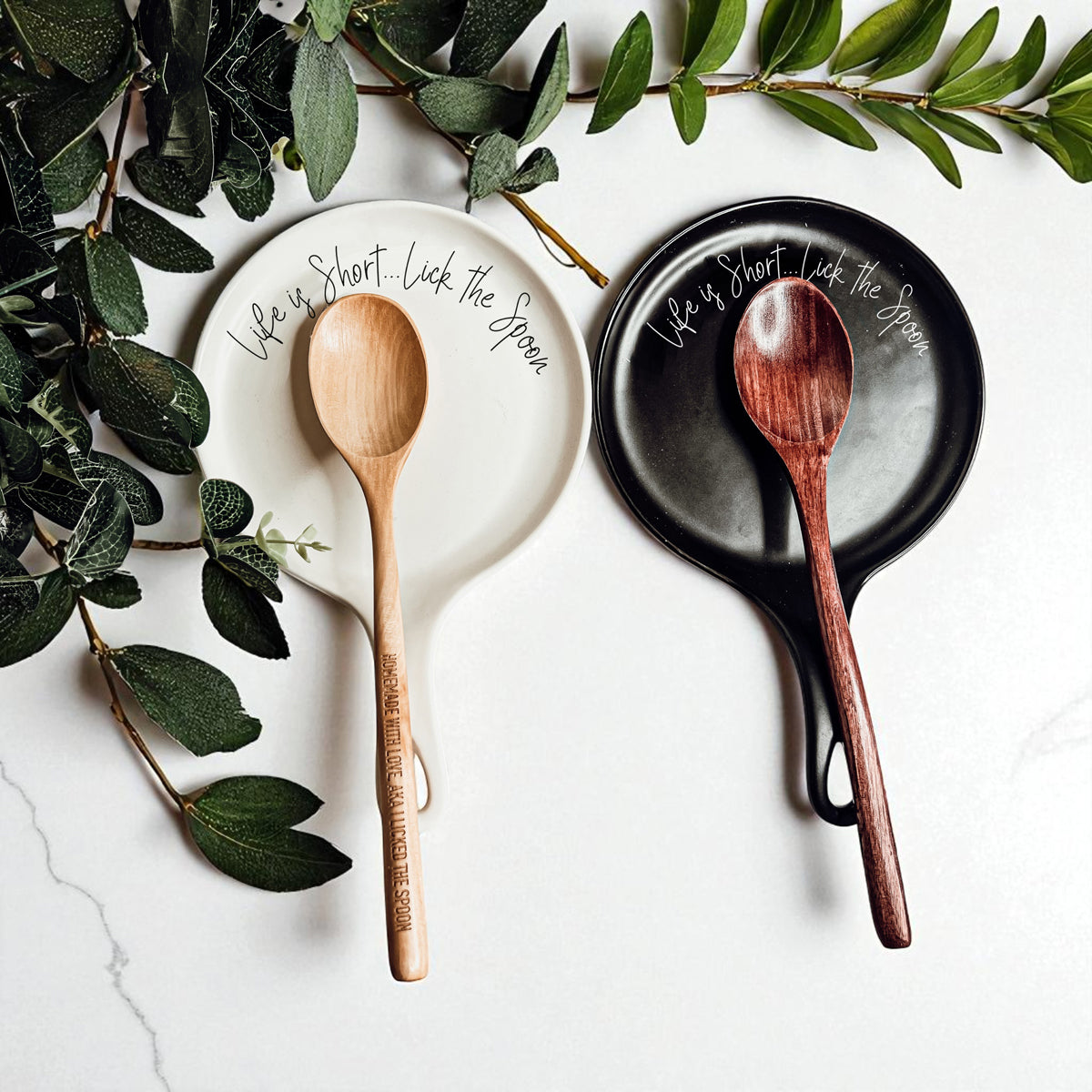 Cursive "Life is Short...Lick the Spoon" Spoon Rest & Wooden Spoon — Select Your Color & Spoon