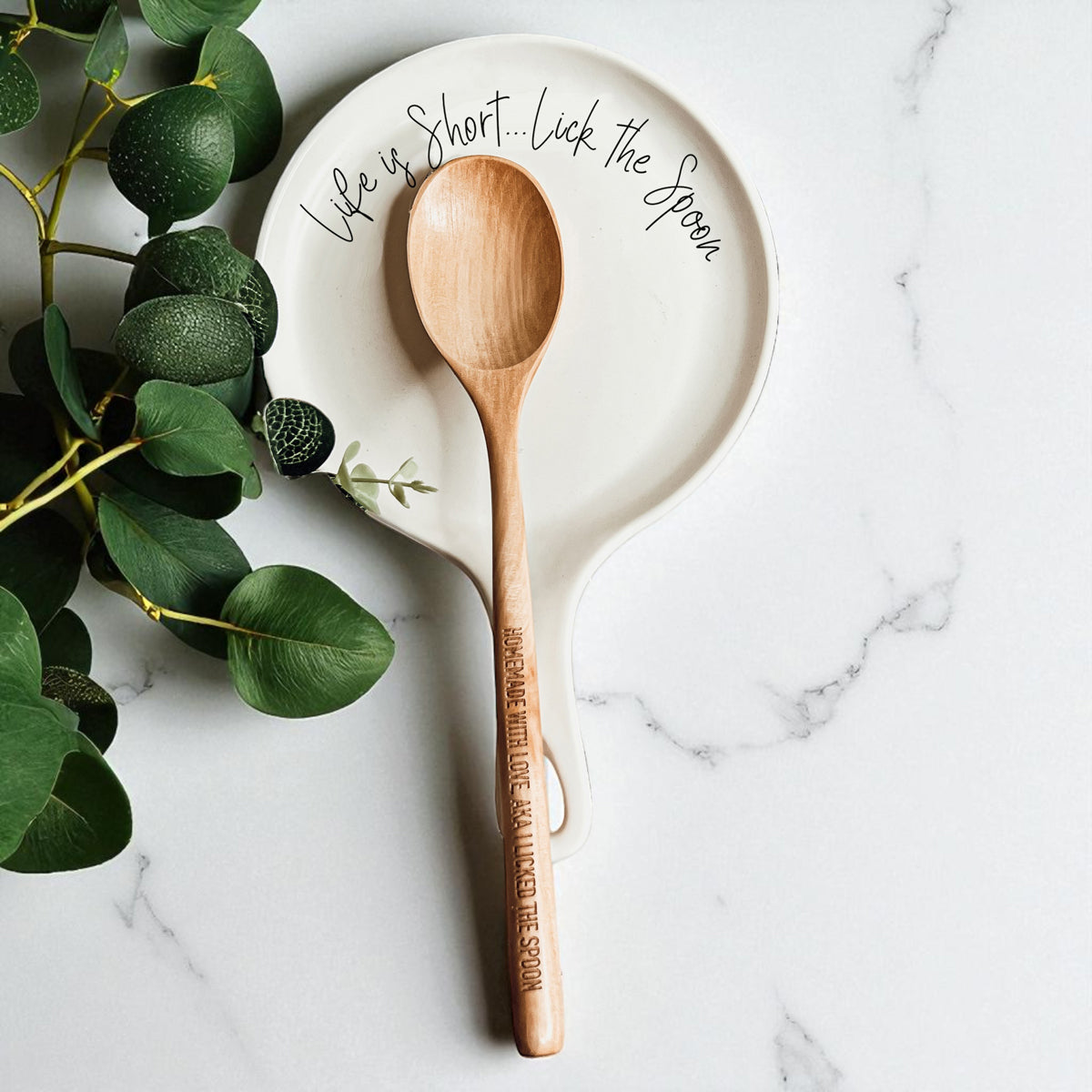 Cursive "Life is Short...Lick the Spoon" Spoon Rest & Wooden Spoon — Select Your Color & Spoon