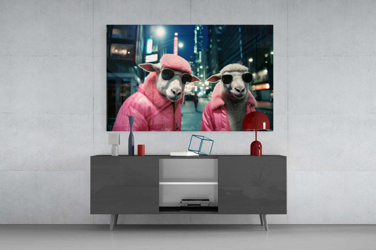 Sheep Duo in Pink Puffer Jackets Glass Wall Art