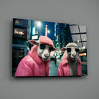 Sheep Duo in Pink Puffer Jackets Glass Wall Art