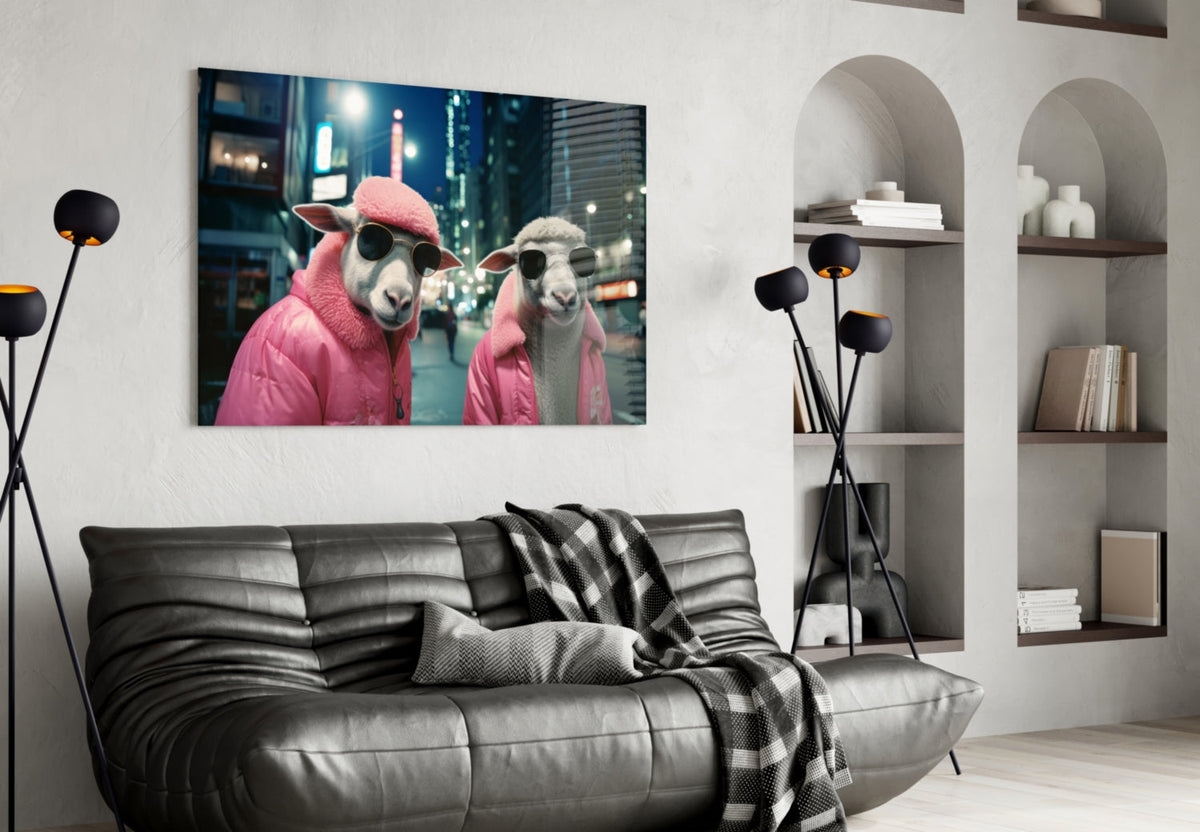 Sheep Duo in Pink Puffer Jackets Glass Wall Art