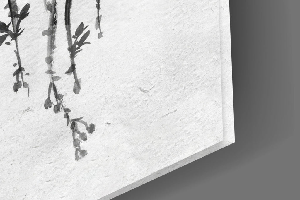 Black and White Bird on Blossom Branch Glass Wall Art