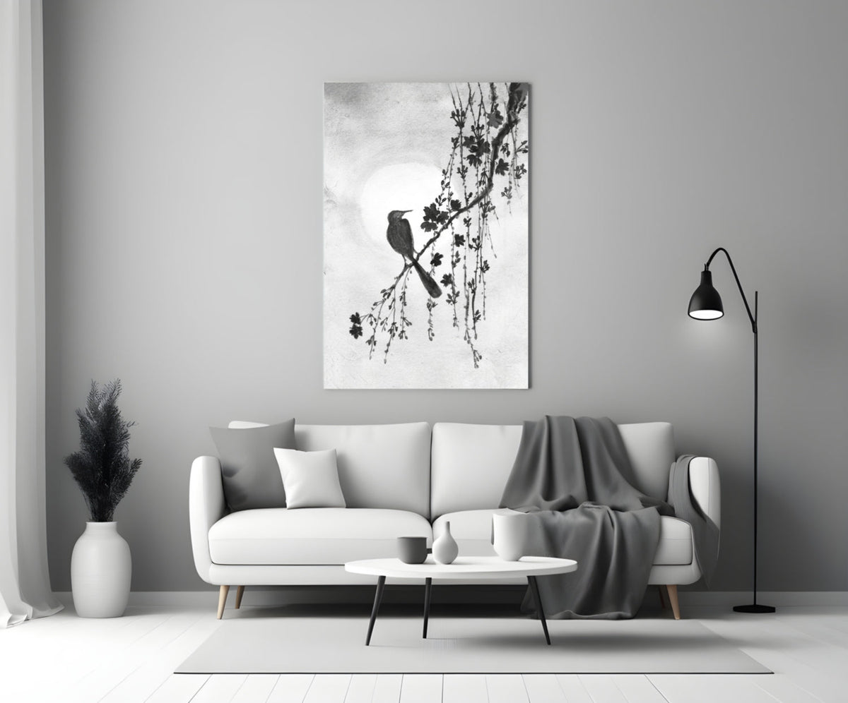 Black and White Bird on Blossom Branch Glass Wall Art