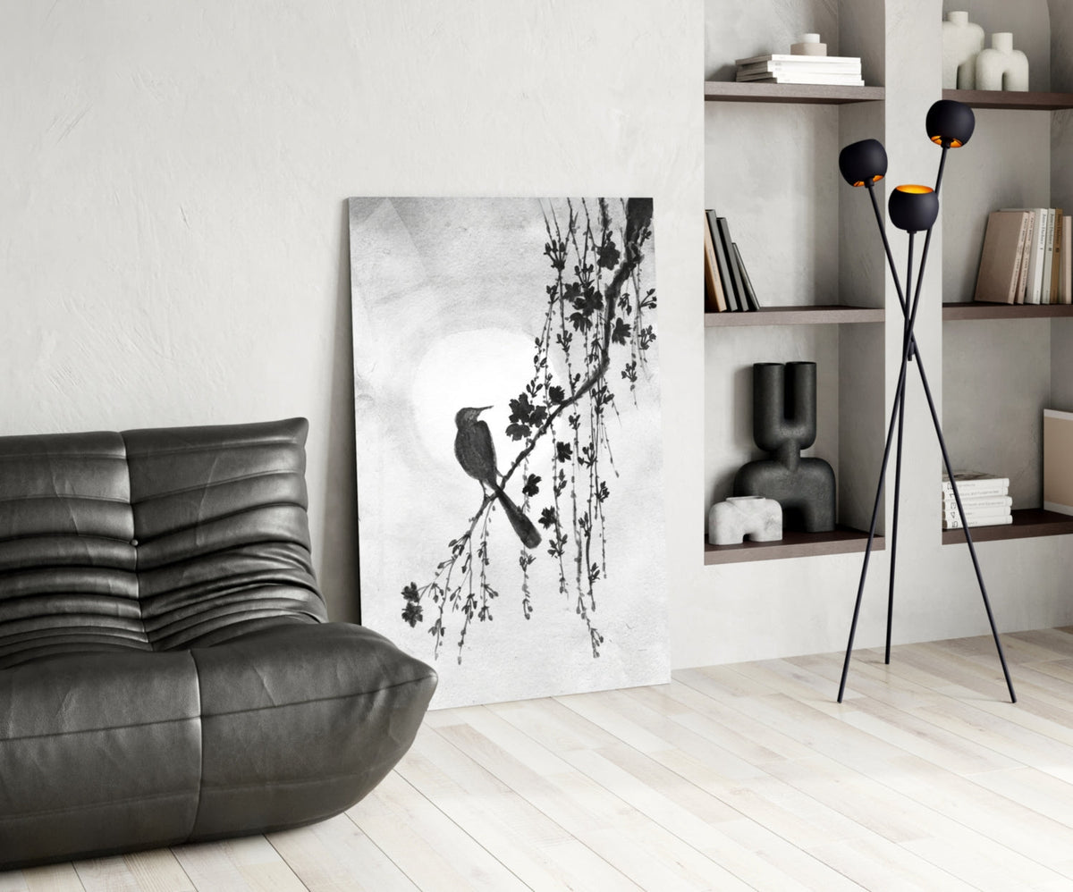 Black and White Bird on Blossom Branch Glass Wall Art