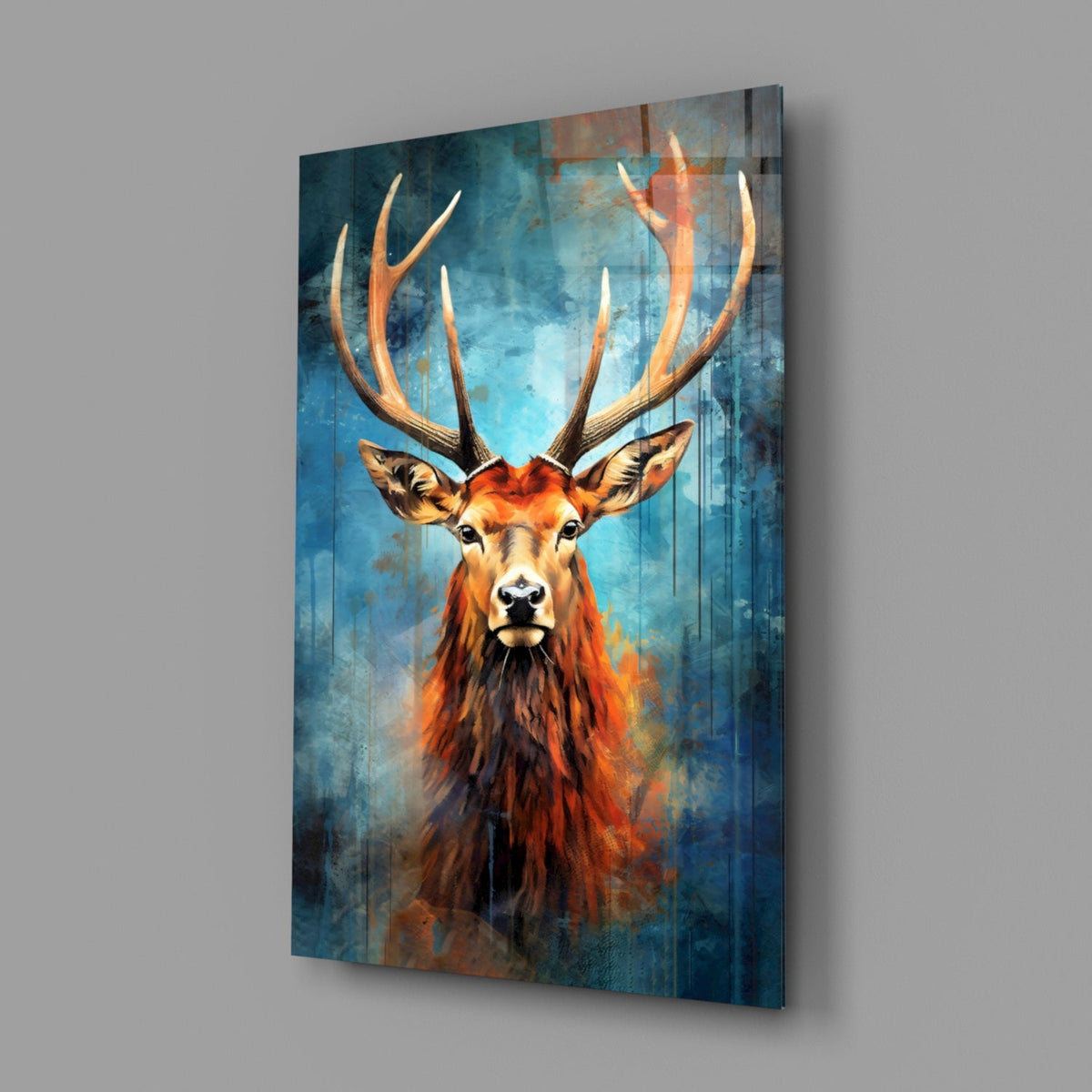 Red Stag Antlers Teal Watercolor Glass Wall Art