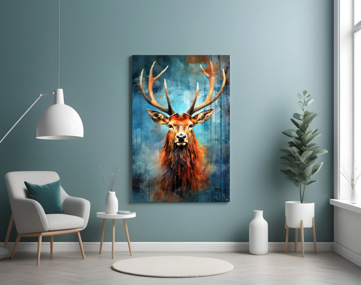 Red Stag Antlers Teal Watercolor Glass Wall Art
