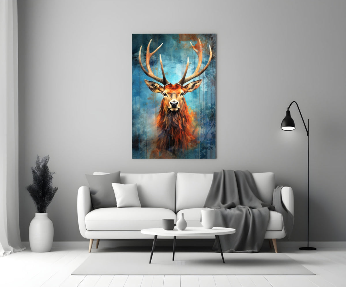 Red Stag Antlers Teal Watercolor Glass Wall Art