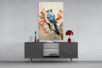 Blue Bird on Coral Blossom Branch Glass Wall Art