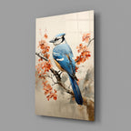 Blue Bird on Coral Blossom Branch Glass Wall Art