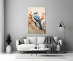 Blue Bird on Coral Blossom Branch Glass Wall Art
