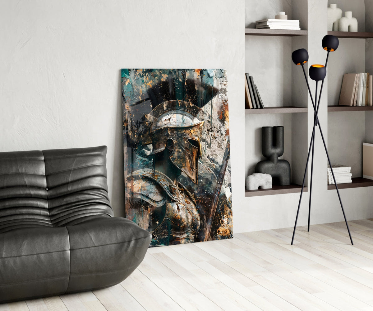 Teal Gold Spartan Helmet Glass Wall Art