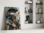 Teal Gold Spartan Helmet Glass Wall Art