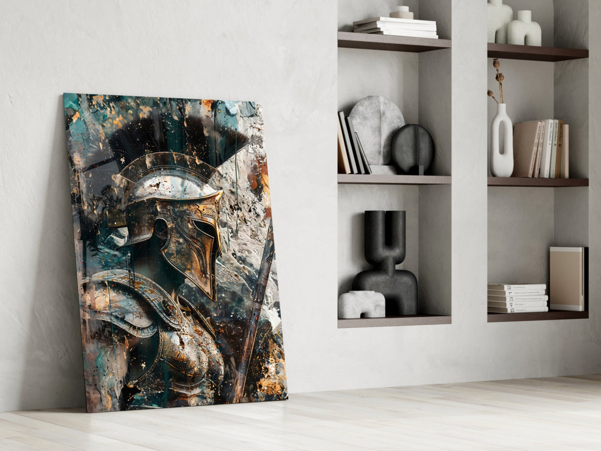 Teal Gold Spartan Helmet Glass Wall Art