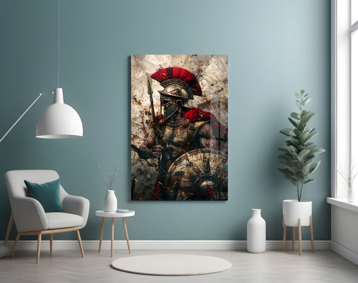 Red Crest Gladiator Shield Glass Wall Art
