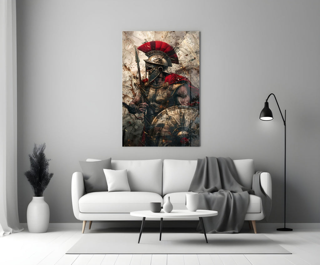 Red Crest Gladiator Shield Glass Wall Art