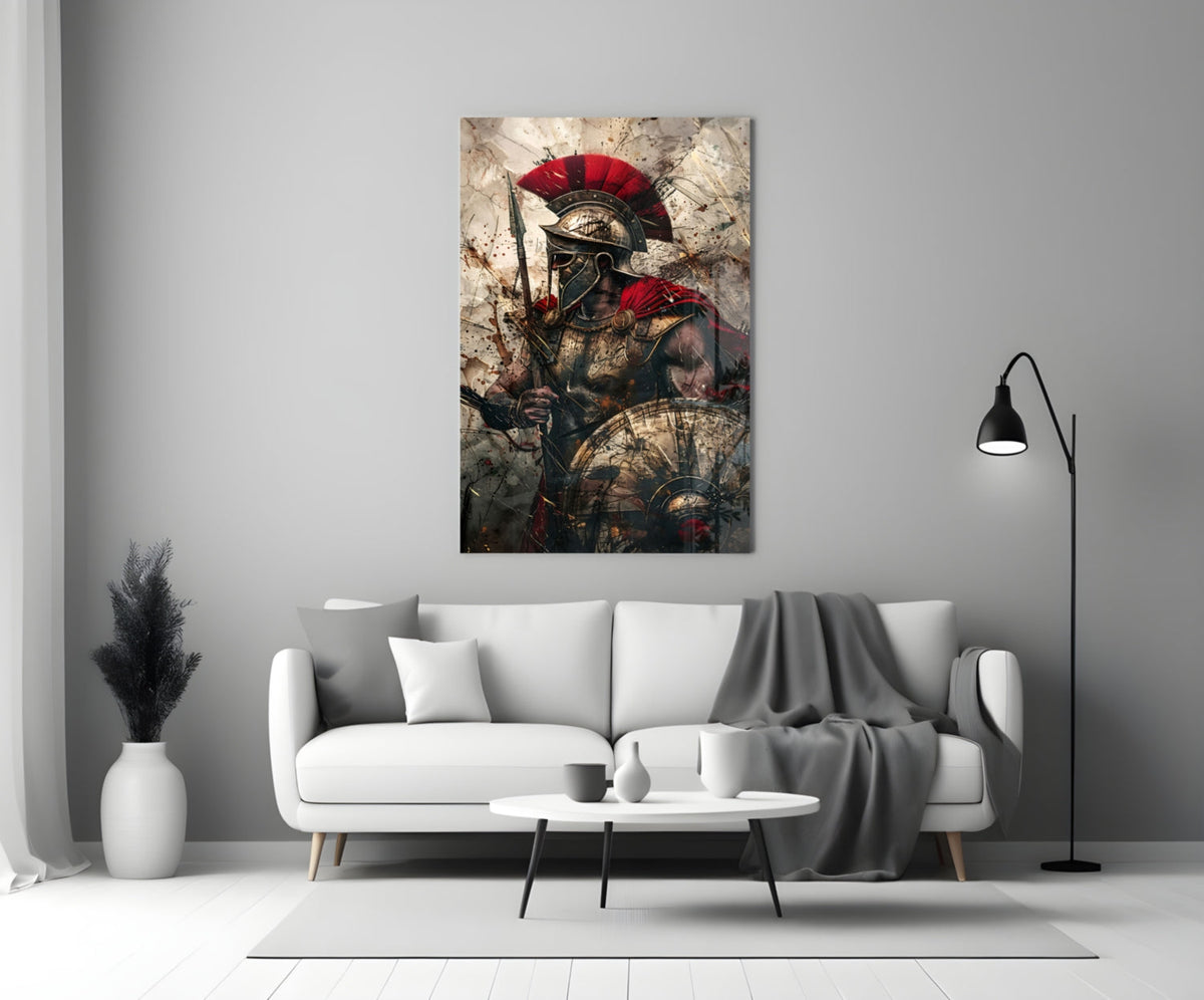 Red Crest Gladiator Shield Glass Wall Art