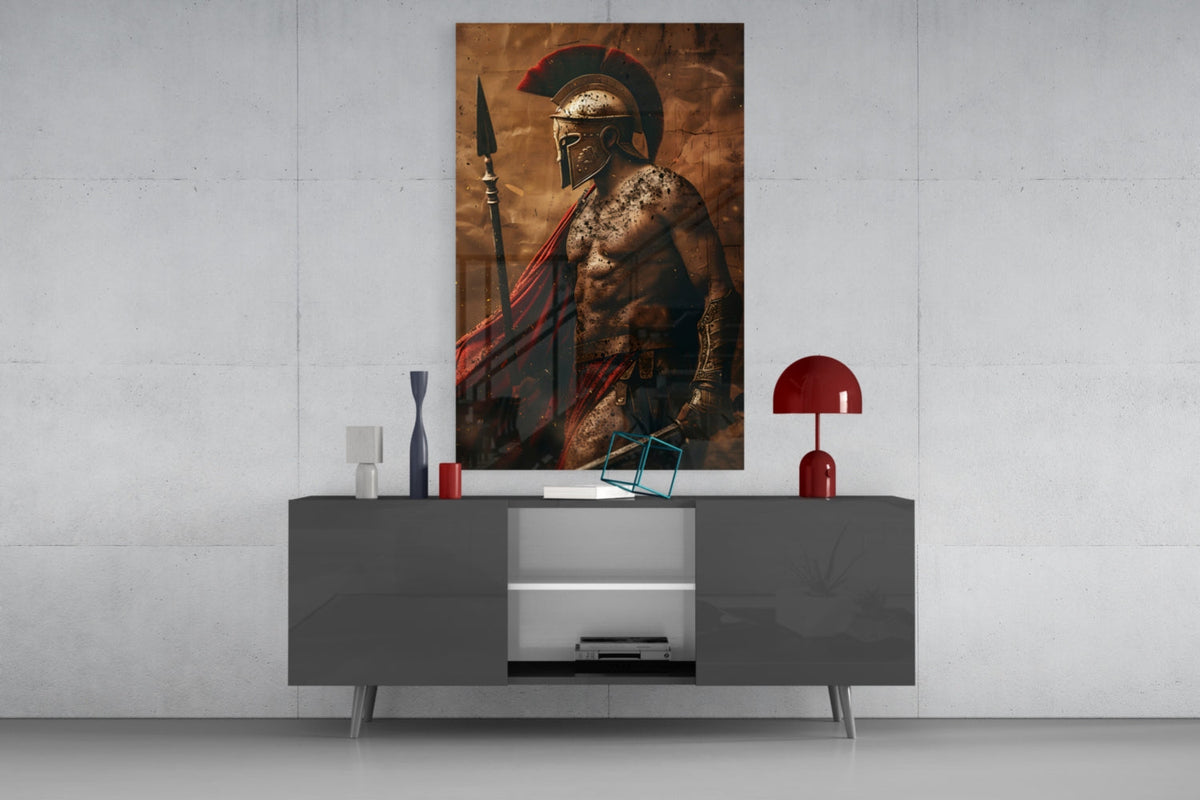 Bare Chested Spartan Spear Glass Wall Art
