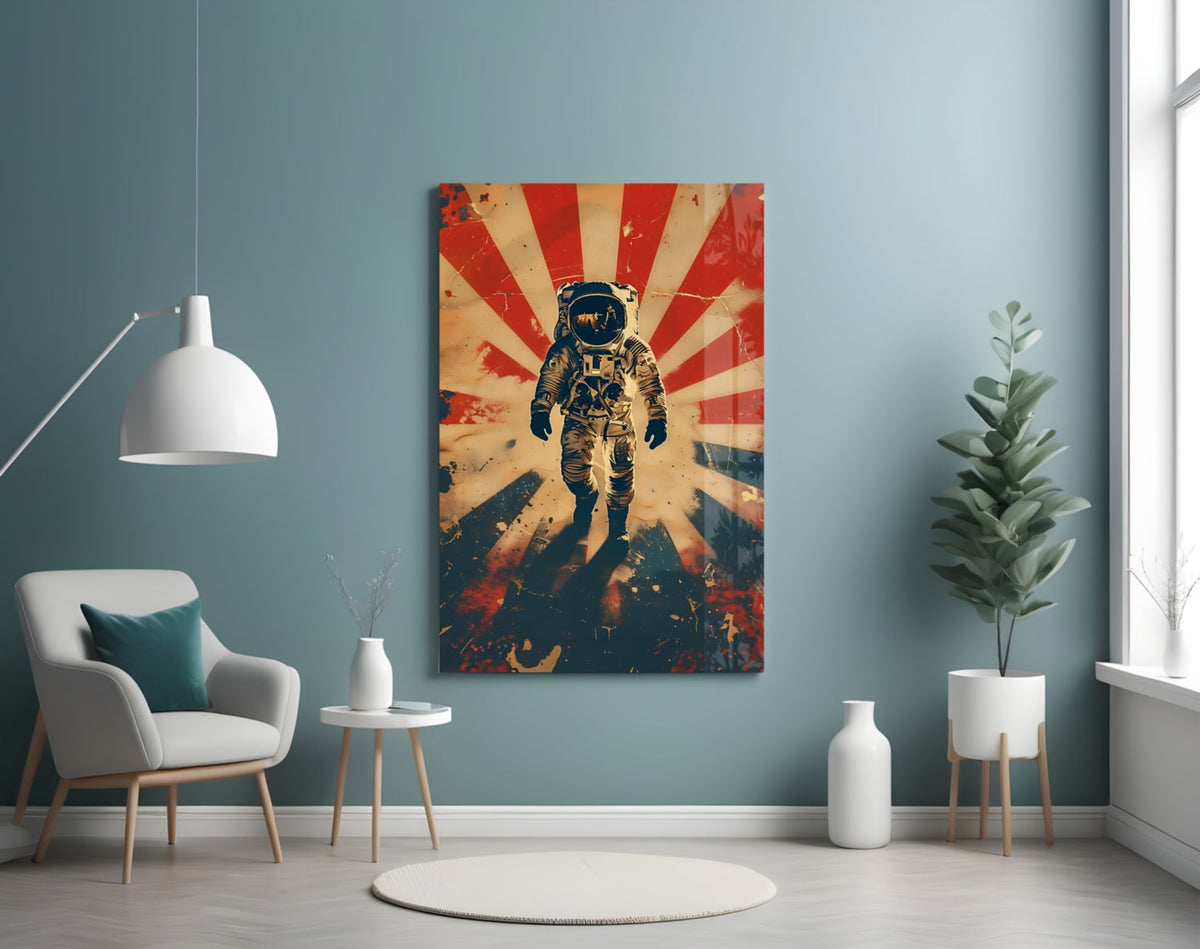 Retro Sun Rays Astronaut Glass Wall Art