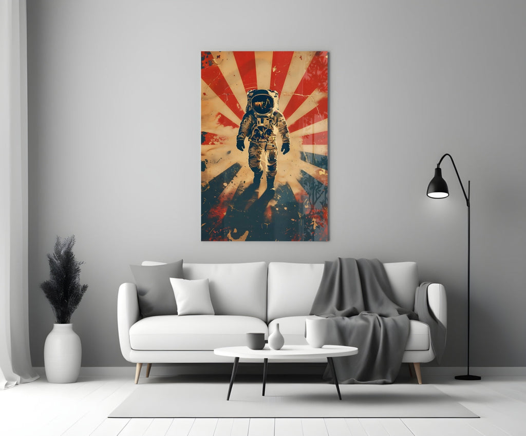 Retro Sun Rays Astronaut Glass Wall Art