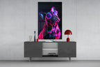 Purple Neon Frenchie Looking Up Dog with Glasses Glass Wall Art