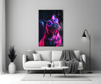 Purple Neon Frenchie Looking Up Dog with Glasses Glass Wall Art