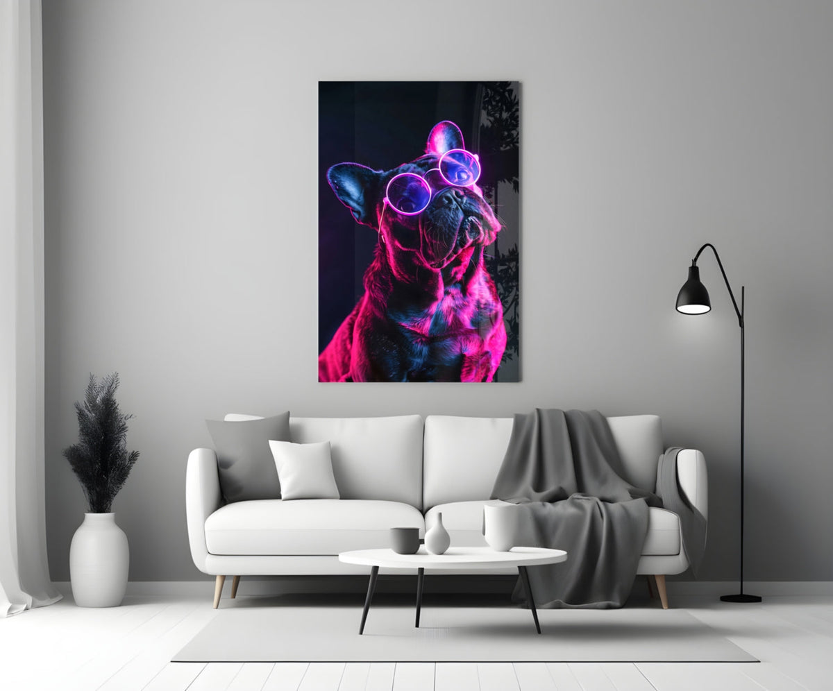 Purple Neon Frenchie Looking Up Dog with Glasses Glass Wall Art