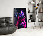 Purple Neon Frenchie Looking Up Dog with Glasses Glass Wall Art