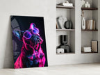 Purple Neon Frenchie Looking Up Dog with Glasses Glass Wall Art