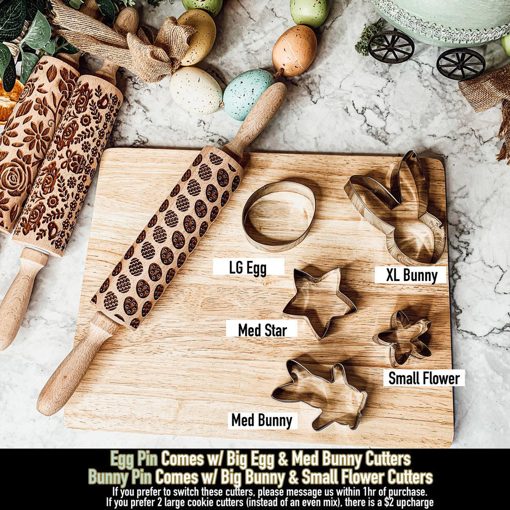 Easter + Spring Wooden Embossed Rolling Pin & Cookie Cutter Set  — Select Your Style & Size