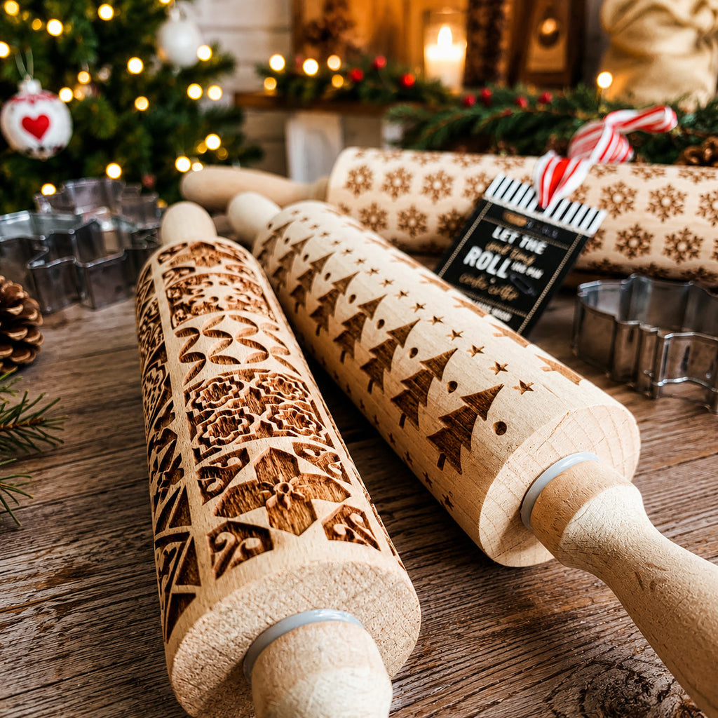 Handmade Wooden Embossed Christmas Rolling Pin Set — Select Your Style & Size