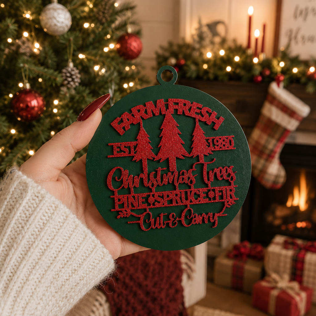 Wooden "Farm Fresh Christmas Trees..." Christmas Ornament — Select Your Color