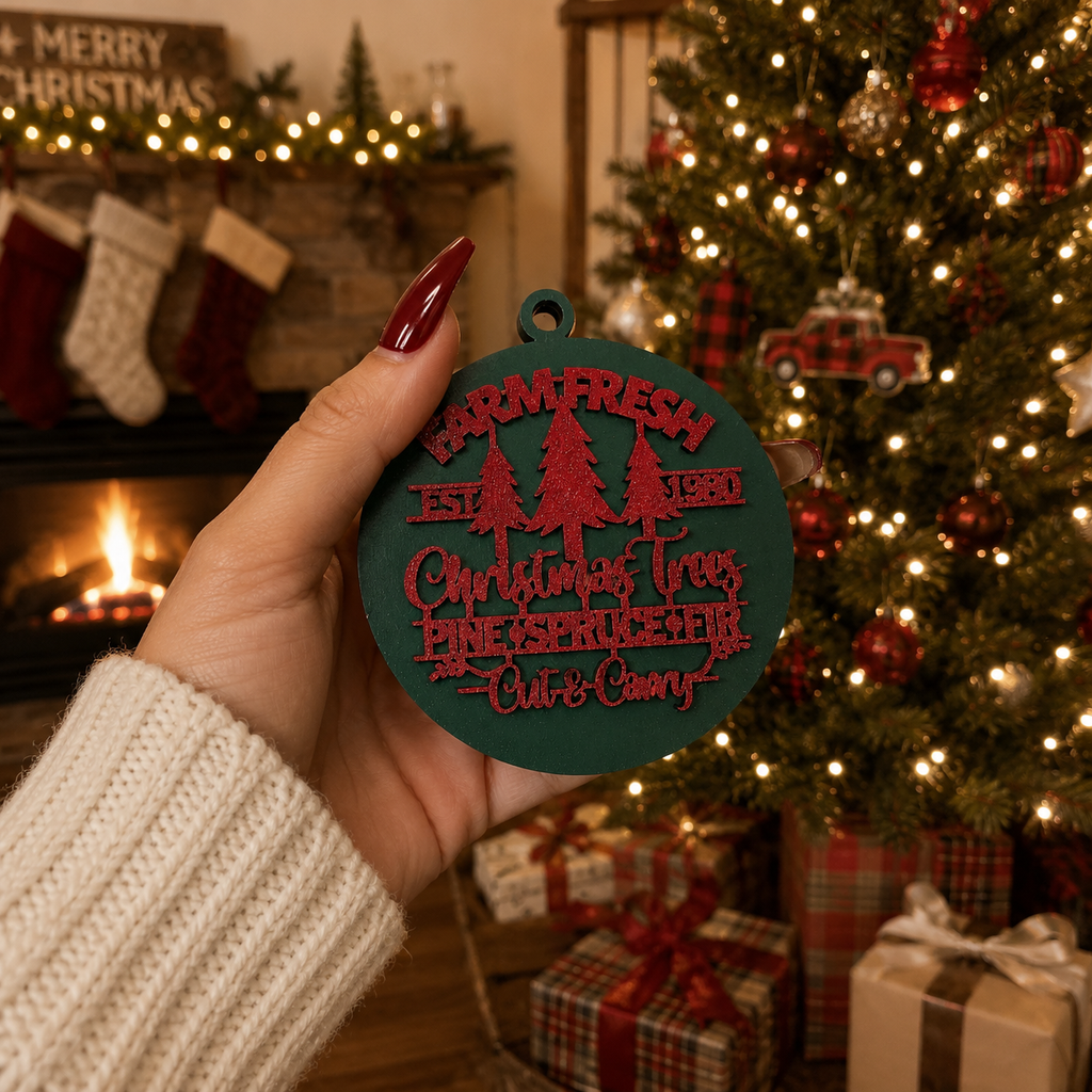 Wooden "Farm Fresh Christmas Trees..." Christmas Ornament — Select Your Color