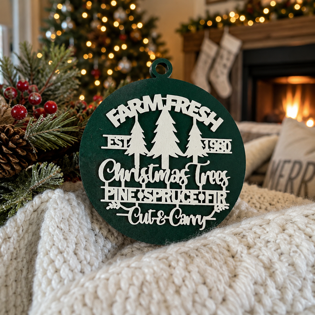 Wooden "Farm Fresh Christmas Trees..." Christmas Ornament — Select Your Color