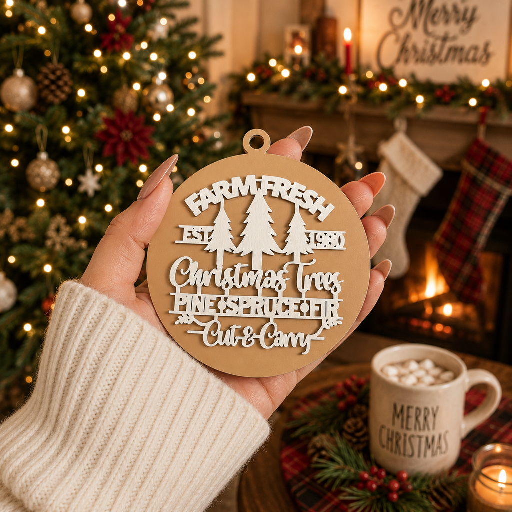 Wooden "Farm Fresh Christmas Trees..." Christmas Ornament — Select Your Color