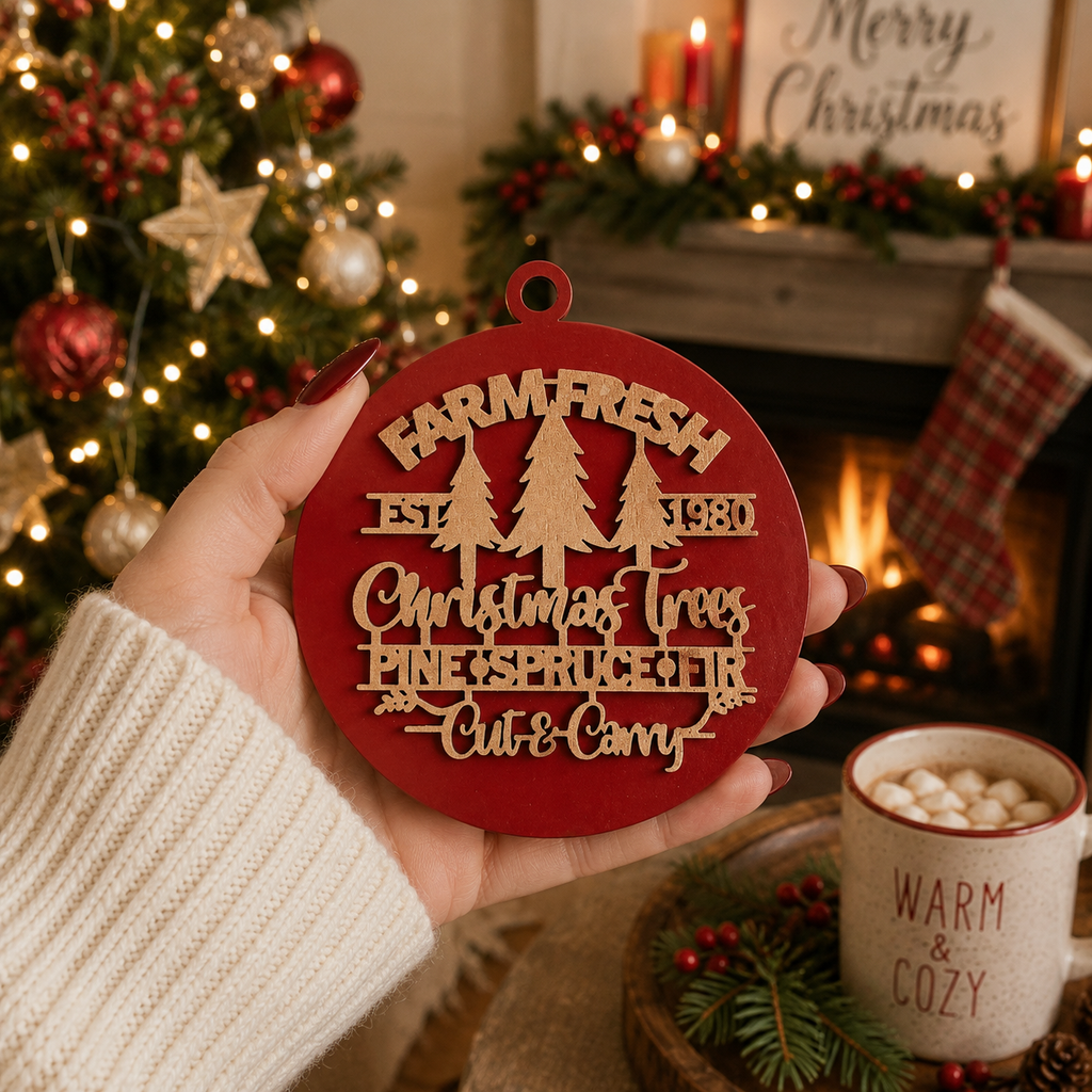 Wooden "Farm Fresh Christmas Trees..." Christmas Ornament — Select Your Color
